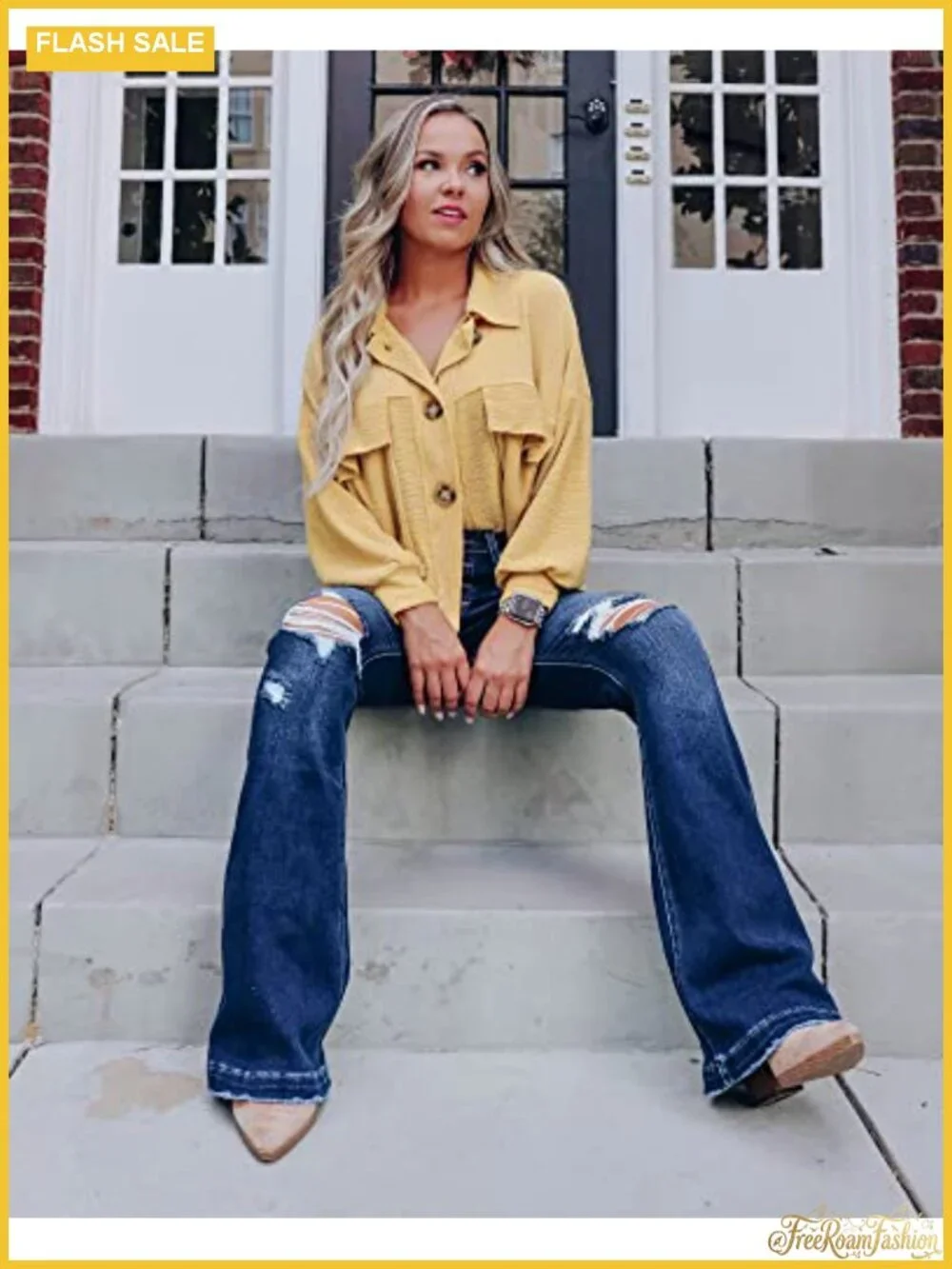 Women High Waisted Ripped Flare Jeans Y2K Distressed Bell Bottom Wide Leg